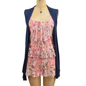 Y2K Crinkle Floral Tiered Cami Top Attached Vest Lettuce Hem Coquette Romantic L